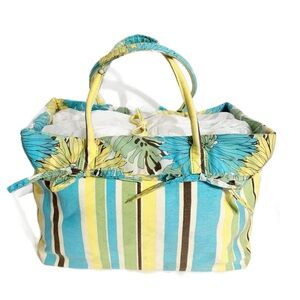 Caribbean Joe Light Canvas Striped Tote Bag with Coordinating Floral Fold Over